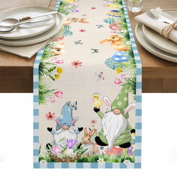 Easter Table Runner - 70 Inch Long, Kitchen Dining Table Runner Dresser Scarves, Spring Gnomes Bunny Butterfly Duck Floral Plaid Farmhouse Decor for Coffee Tables Wedding Party Banquet