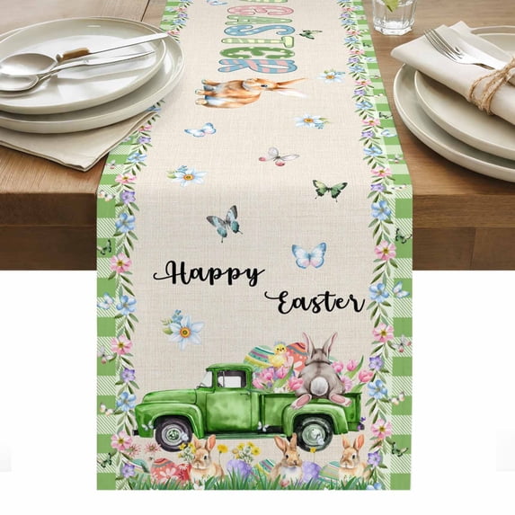 Easter Table Runner - 70 Inch Long, Kitchen Dining Table Runner Dresser Scarves, Spring Truck Rabbit Flowers Eggs Green Check Farmhouse Decor for Coffee Tables Wedding Party Banquet