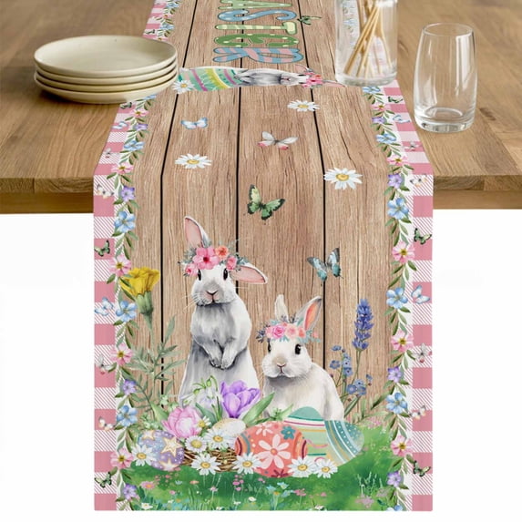 Easter Table Runner 70 Inches Long Farmhouse Dress Scarves, Rabbit Colorful Eggs Flowers Plants Wooden Grain Dining Tablerunner for Coffee Table/Kitchen Island/Party Décor, 13" x 70"