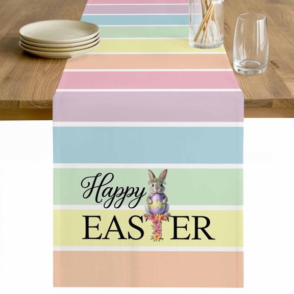 Easter Table Runner 70 Inches Long Farmhouse Dress Scarves, Spring Rabbit Colorful Eggs Flowers Striped Dining Tablerunner for Coffee Table/Kitchen Island/Party Décor, 13" x 70"