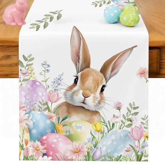 Easter Table Runner 70 Inches Long for Kitchen Dining, Spring Rabbit Colorful Eggs Budding Florals Leaf Dresser Scarf Farmhouse, Dining Table Decorations for Wedding/Parties, 13 x 70 In