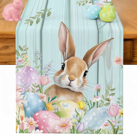 Easter Table Runner 70 Inches Long for Kitchen Dining, Spring Rabbit Eggs Flowers Leaf Green Wooden Plank Dresser Scarf Farmhouse, Dining Table Decorations for Wedding/Parties, 13 x 70 In