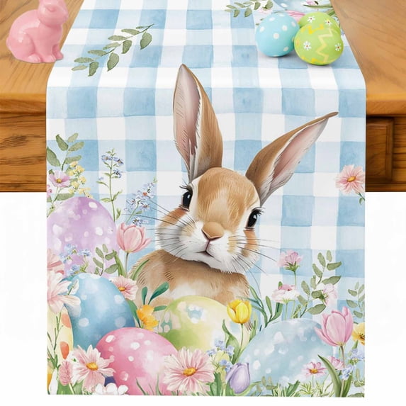 Easter Table Runner 70 Inches Long for Kitchen Dining, Spring Rabbit Eggs Seasonal Flowers Blue Lattice Dresser Scarf Farmhouse, Dining Table Decorations for Wedding/Parties, 13 x 70 In