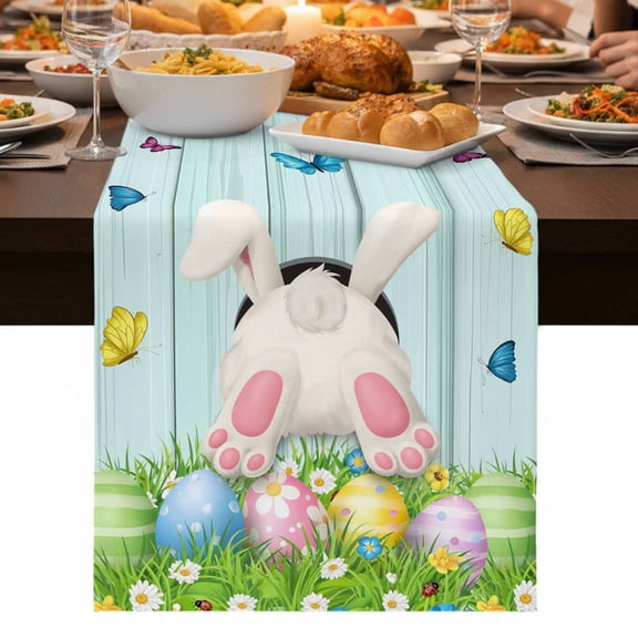 Easter Table Runner 72 Inch Long Dresser Scarves Cotton Linen Tablerunners Spring Easter Eggs Bunny Teal Wooden Grain Dining Kitchen Burlap Table Setting Decor for Party Holiday Coffee, 13"x72"