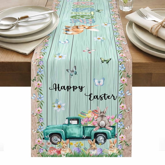 Easter Table Runner - 72 Inch Long, Kitchen Dining Table Runner Dresser Scarves, Green Truck Rabbit Duck Butterfly Floral Wooden Farmhouse Decor for Coffee Tables Wedding Party Banquet