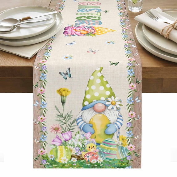 Easter Table Runner - 72 Inch Long, Kitchen Dining Table Runner Dresser Scarves, Rustic Gnomes Duck Floral Colorful Eggs Wooden Grain Farmhouse Decor for Coffee Tables Wedding Party Banquet
