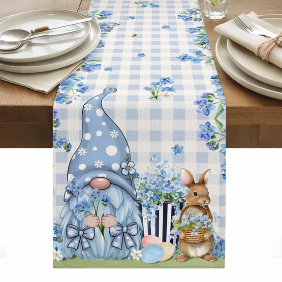 Easter Table Runner - 72 Inch Long, Kitchen Dining Table Runner Dresser Scarves, Spring Blue Gnomes Rabbit Eggs Floral Buffalo Plaid Farmhouse Decor for Coffee Tables Wedding Party Banquet
