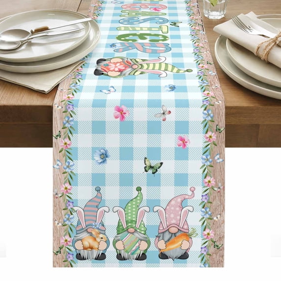 Easter Table Runner - 72 Inch Long, Kitchen Dining Table Runner Dresser Scarves, Spring Gnomes Bunny Eggs Flowers Blue Checkered Farmhouse Decor for Coffee Tables Wedding Party Banquet