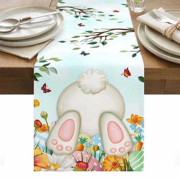 Easter Table Runner - 72 Inch Long, Kitchen Dining Table Runner Dresser Scarves, Spring Watercolor Eggs Country Tulip Flower Plant Farmhouse Decor for Coffee Tables Wedding Party Banquet