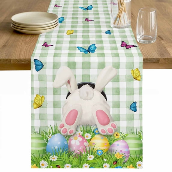 Easter Table Runner - 72 Inch Long Spring Colorful Easter Eggs Bunny Butterfly Green Cotton and Linen Blended Dress Scarves Farmhouse Table Runner for Kitchen Dining, Coffee Table, 13" x 72"