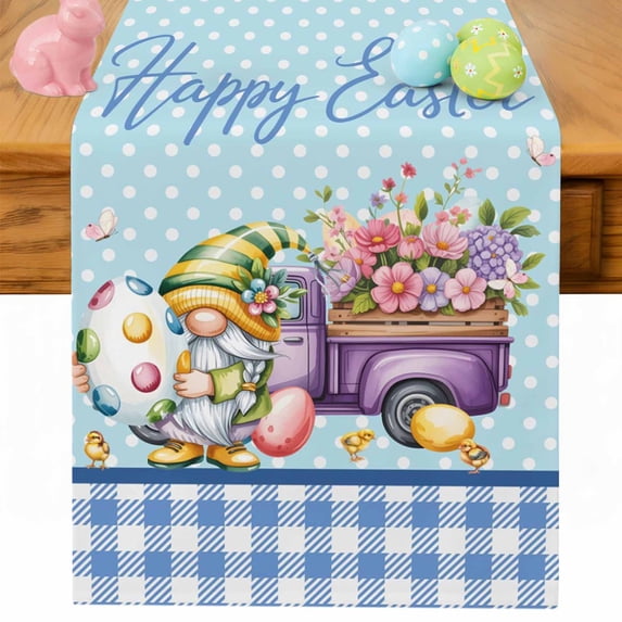 Easter Table Runner 72 Inches Long for Kitchen Dining, Gnomes Colorful Dots Eggs Truck Flowers Blue Plaid Dresser Scarf Farmhouse, Dining Table Decorations for Wedding/Parties, 13 x 72 In