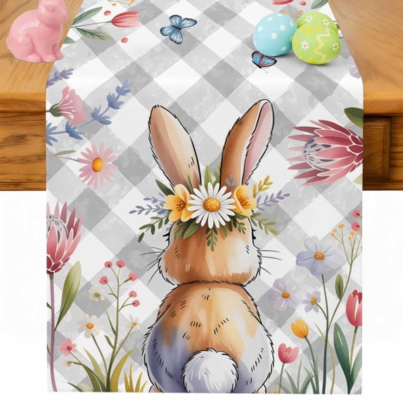 Easter Table Runner 72 Inches Long for Kitchen Dining, Spring Rabbit Butterfly Botanical Florals Grey Plaid Dresser Scarf Farmhouse, Dining Table Decorations for Wedding/Parties, 18 x 72 In
