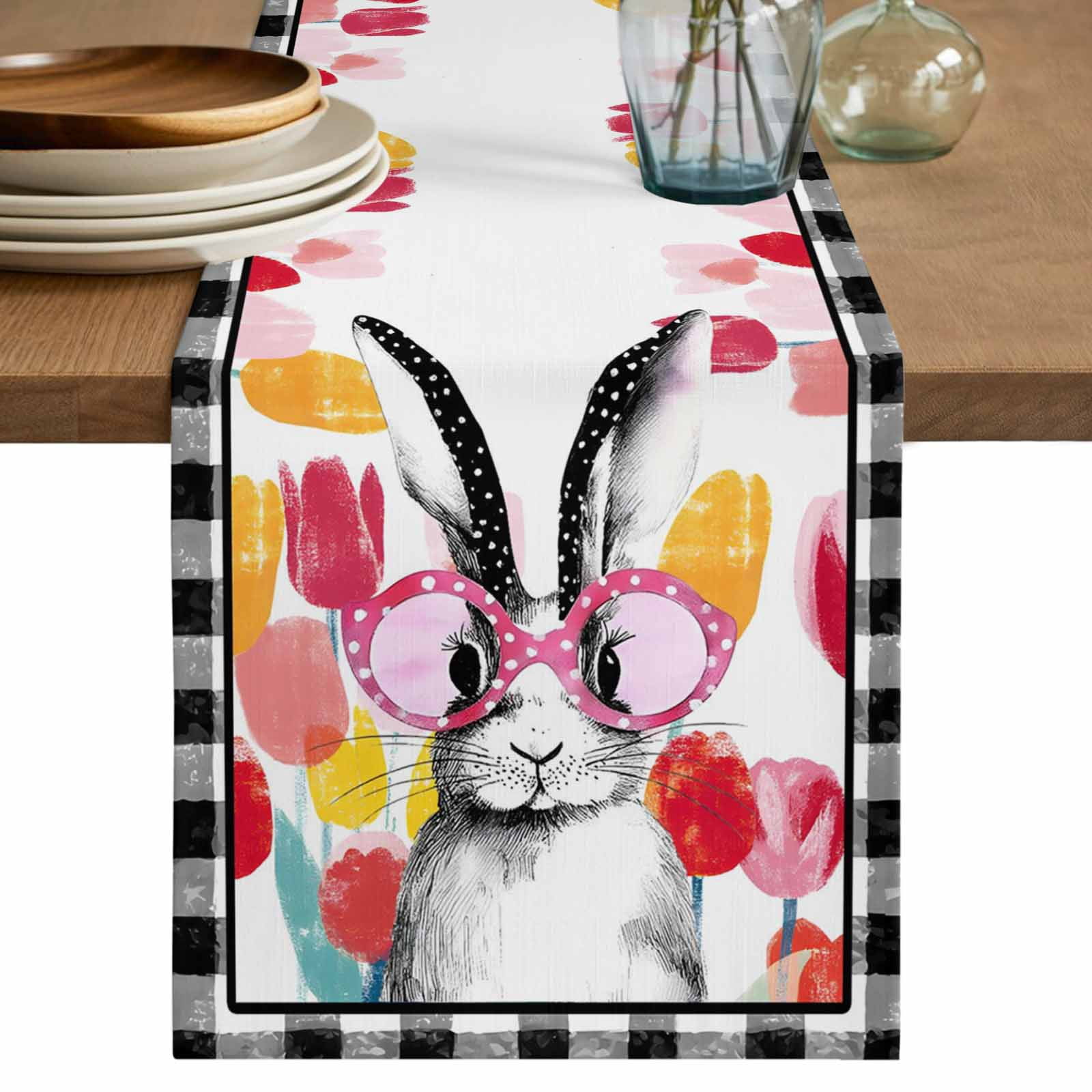 Easter Table Runner 72 Inches, Rabbit Spring Botanical Flowers Black ...