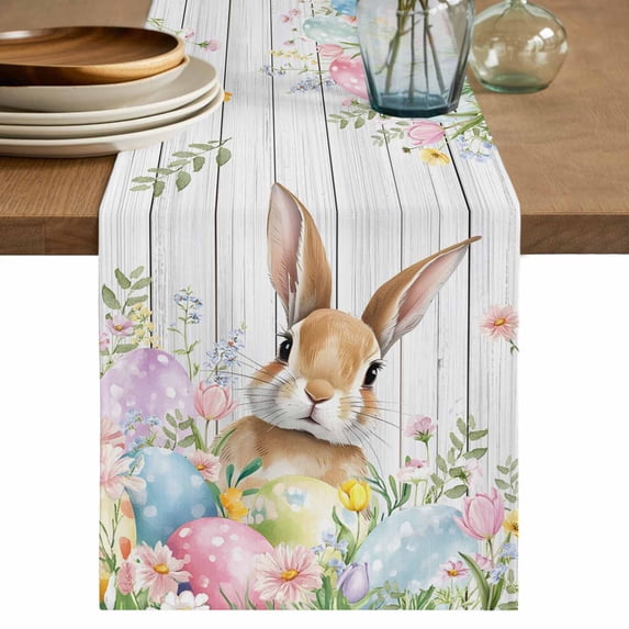 Easter Table Runner 72 Inches, Rustic Spring Bunny Eggs Botanical Grey Wooden Bed Runner Dresser Scarves Tabletop for Indoor Outdoor Parties/Ceremony/Banquet, 13" x 72"