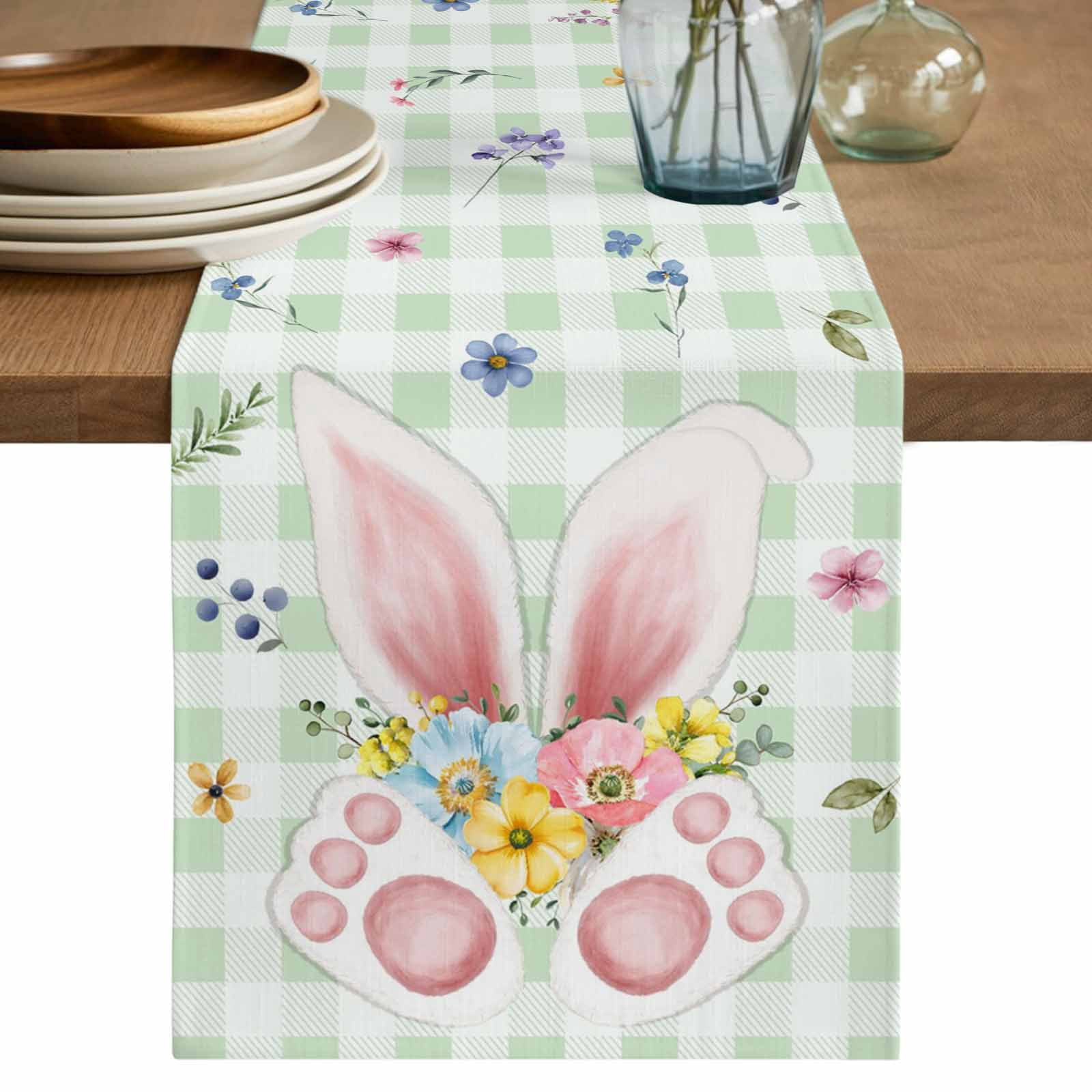 Easter Table Runner 72 Inches, Spring Bunny Ears Feet Flowers Green ...