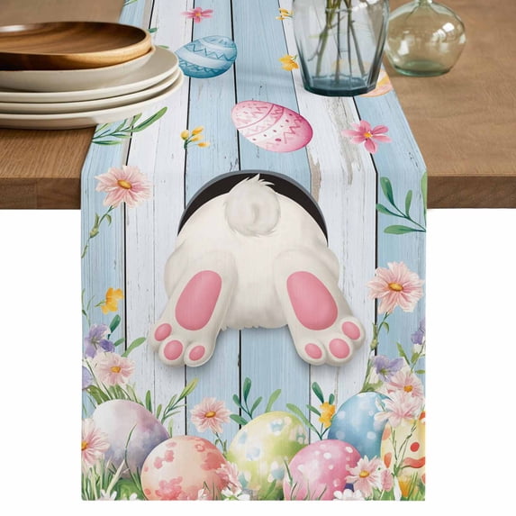 Easter Table Runner 72 Inches, Spring Bunny Feet Flowers Eggs Blue Wooden Grain Bed Runner Dresser Scarves Tabletop for Indoor Outdoor Parties/Ceremony/Banquet, 14" x 72"