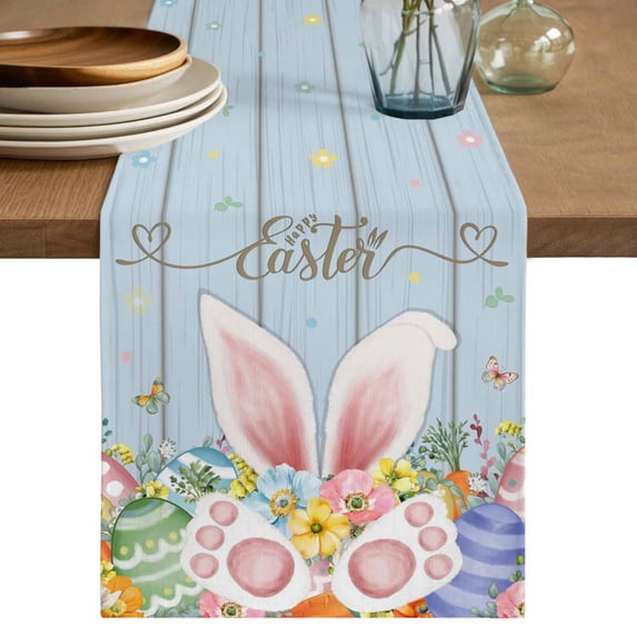 Easter Table Runner 72 Inches, Spring Eggs Rabbit Ear Flowers Wooden Grain Bed Runner Dresser Scarves Tabletop for Indoor Outdoor Parties/Ceremony/Banquet, 13" x 72"