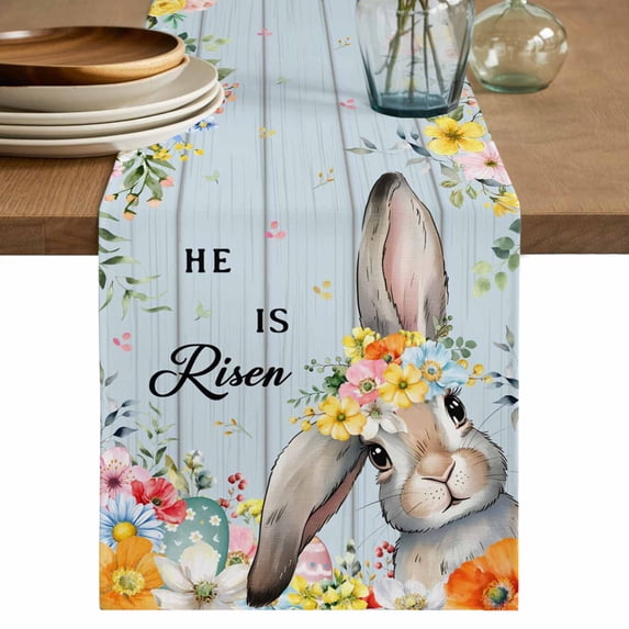 Easter Table Runner 72 Inches, Spring Farmhouse Bunny Flower Blue Wood Grain Bed Runner Dresser Scarves Tabletop for Indoor Outdoor Parties/Ceremony/Banquet, 16" x 72"