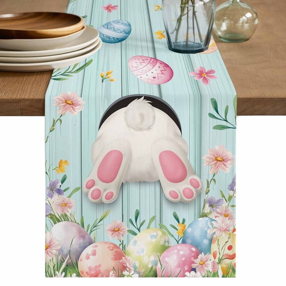 Easter Table Runner 72 Inches, Spring Rabbit Feet Eggs Flower Green Wooden Grain Bed Runner Dresser Scarves Tabletop for Indoor Outdoor Parties/Ceremony/Banquet, 16" x 72"