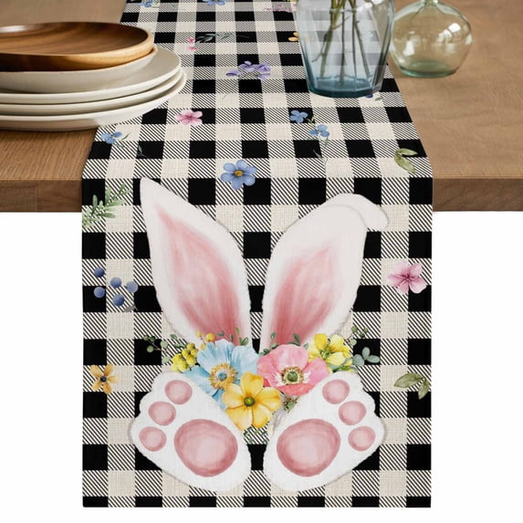 Easter Table Runner 72 Inches, Spring Rabbits Ears Feet Wildflowers Black Plaid Bed Runner Dresser Scarves Tabletop for Indoor Outdoor Parties/Ceremony/Banquet, 14" x 72"