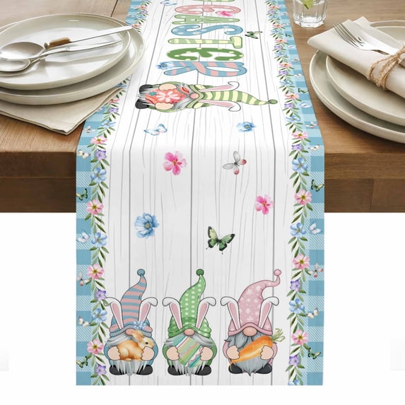 Easter Table Runner - 90 Inch Long, Kitchen Dining Table Runner Dresser Scarves, Farmhouse Gnomes Flowers Rabbit Eggs Check Wooden Farmhouse Decor for Coffee Tables Wedding Party Banquet