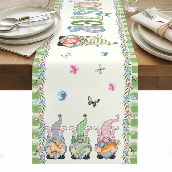 Easter Table Runner - 90 Inch Long, Kitchen Dining Table Runner Dresser Scarves, Spring Gnomes Floral Bunny Eggs Green Lattice Farmhouse Decor for Coffee Tables Wedding Party Banquet