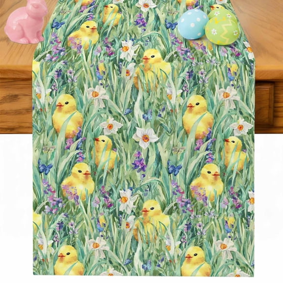 Easter Table Runner 90 Inches Long for Kitchen Dining, Spring Chicken Botanical Grasses Flowers Herbs Dresser Scarf Farmhouse, Dining Table Decorations for Wedding/Parties, 13 x 90 In