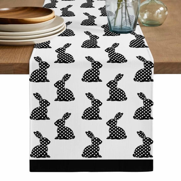 Easter Table Runner, Black Pots Bunny Rabbit Farmhouse Bunny Rabbit Washable Cotton Linen Table Runners 36 Inches Long, Dresser Scarf Runner for Nightstand/End Tables/Round Tables 13''x36''