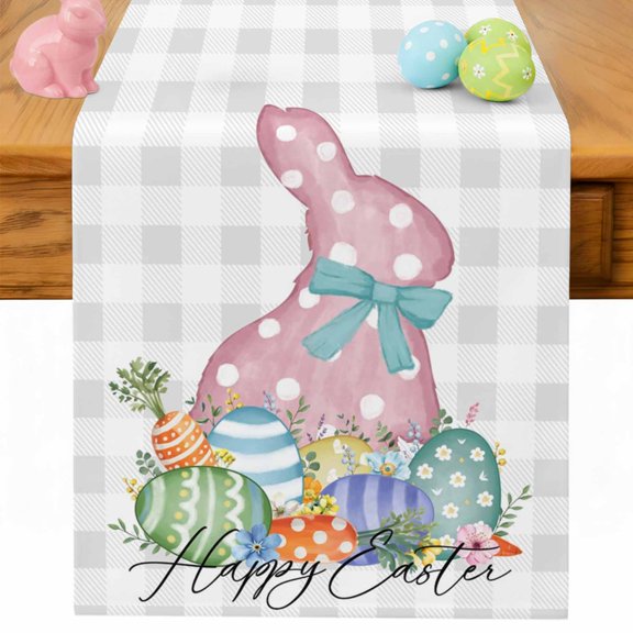 Easter Table Runner Bow Tie Bunny Eggs Table Runners Rabbit Flower Grey Plaid Cotton Linen Dresser Scarf Kitchen Dining Table Decor for Spring Holiday Party Decor 13x36 Inch