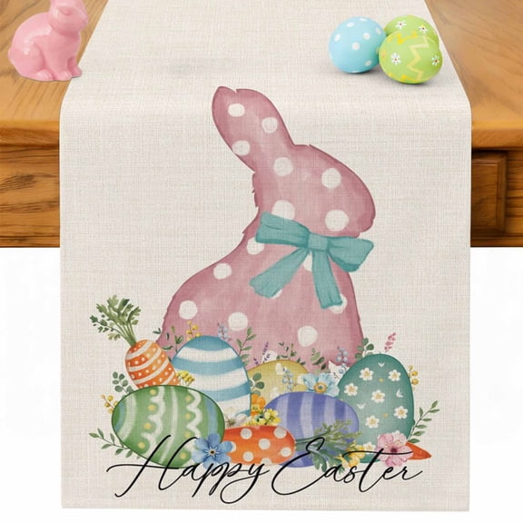 Easter Table Runner Bow Tie Bunny Eggs Table Runners Rabbit Flower Linen Cotton Linen Dresser Scarf Kitchen Dining Table Decor for Spring Holiday Party Decor 13x36 Inch