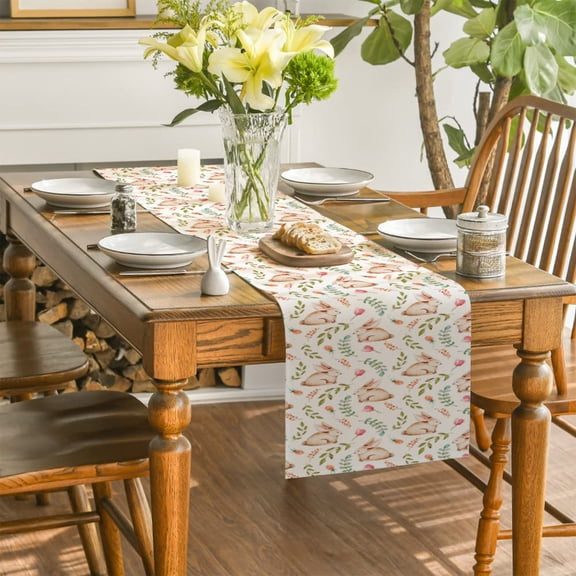 Easter Table Runner, Bunny Egg Floral Printed Tablecloth for Dining Table Decor, Indoor Outdoor Party Decoration, Polyester Long Runner for Holiday Celebration(A)
