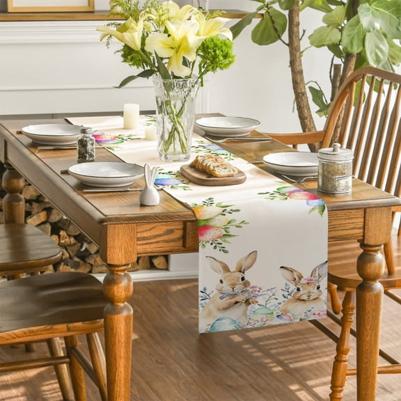 Easter Table Runner, Bunny Egg Floral Printed Tablecloth for Dining Table Decor, Indoor Outdoor Party Decoration, Polyester Long Runner for Holiday Celebration(B)