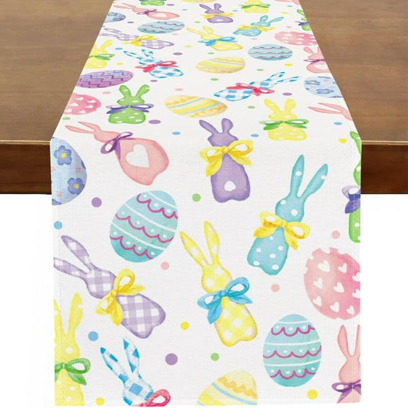 Easter Table Runner Bunny Rabbits Colorful Easter Eggs Runner for Table Kitchen Dinning Table Decor for Spring Seasonal Holiday Home Easter Decoration 13x36 Inch