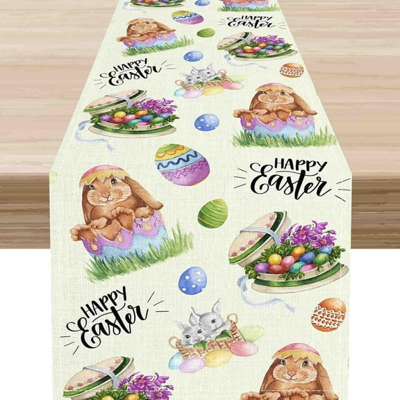 Easter Table Runner, Bunny Rabbits Spring Seasonal Easter Egg Rustic Farmhouse Coffee Table Center Decor for Home Kitchen Dining Patio Holiday Party Indoor Outdoor Table Decorations, 13"x36" Inch
