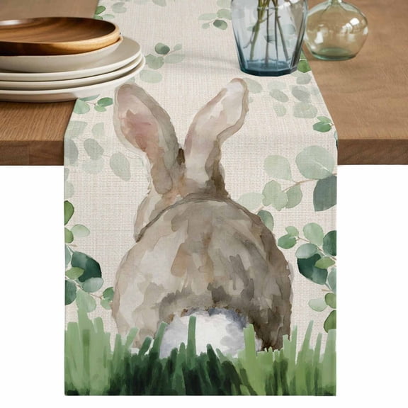 Easter Table Runner, Country Spring Rabbit Botanical Eucalyptus Leaves Washable Cotton Linen Table Runners 36 Inches Long, Dresser Scarf Runner for Nightstand/End Tables/Round Tables 13''x36''