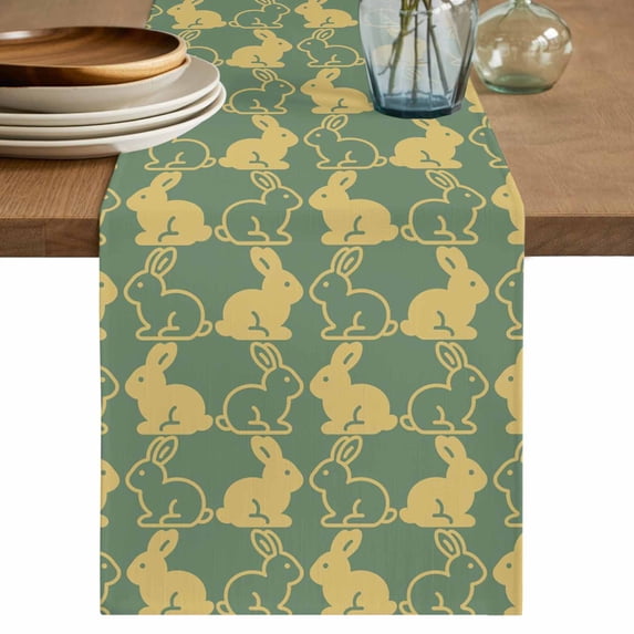 Easter Table Runner, Cute Cartoon Rabbits Bunny Animal Yellow Green Washable Cotton Linen Table Runners 120 Inches Long, Dresser Scarf Runner for Dining/Living Room/Kitchen/Square Tables 13''x120''