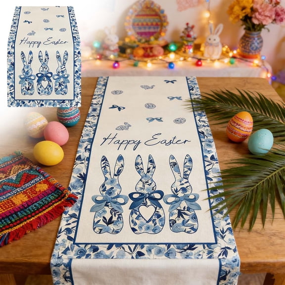 Easter Table Runner, Decorates Dining Table, Holiday Decor, Rabbit and Egg Designs for Themed Party, Family Gathering, and Spring Celebration.