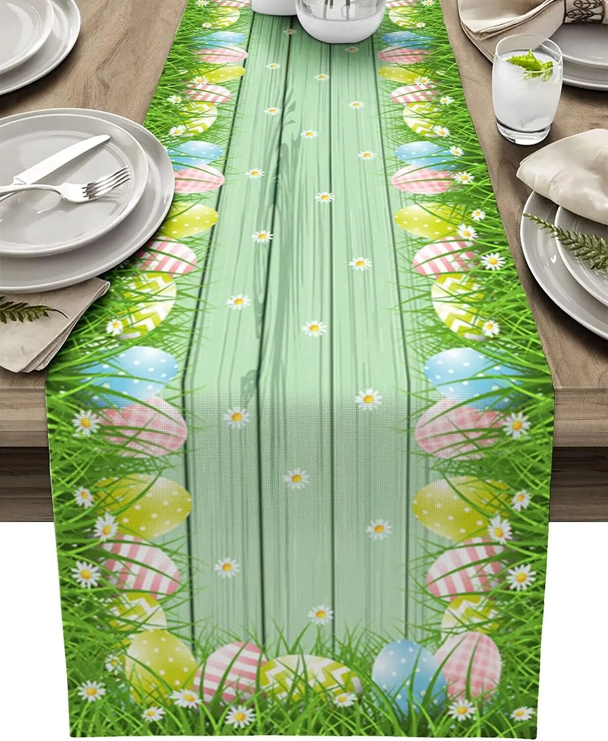 Easter Table Runner Egg Grassland Spring Daisy Teal Dresser Scarf Linen Table Runners for
