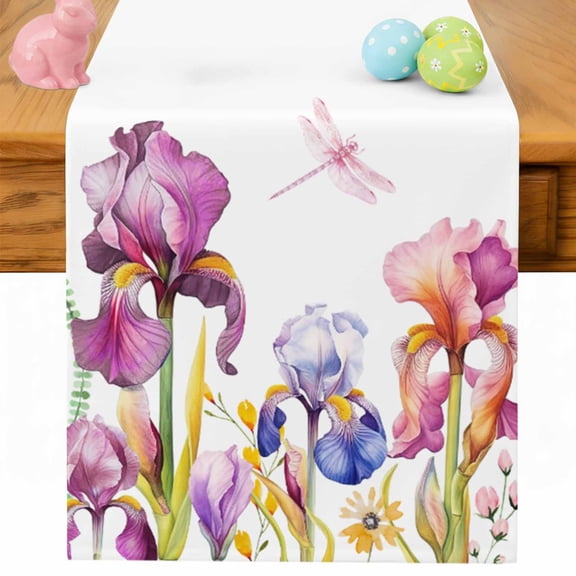 Easter Table Runner Iris Flower Butterfly Table Runners Floral Leaves Branch Pink Cotton Linen Dresser Scarf Kitchen Dining Table Decor for Spring Holiday Party Decor 13x90 Inch