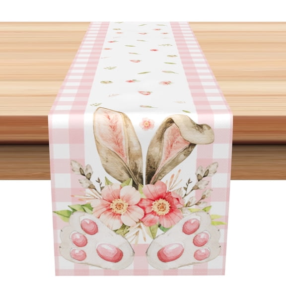 Easter Table Runner, Pink Buffalo Plaid Bunny Ears Flower Linen Table Runner,Kitchen Decor Dining Table Settings 13x72 Inch