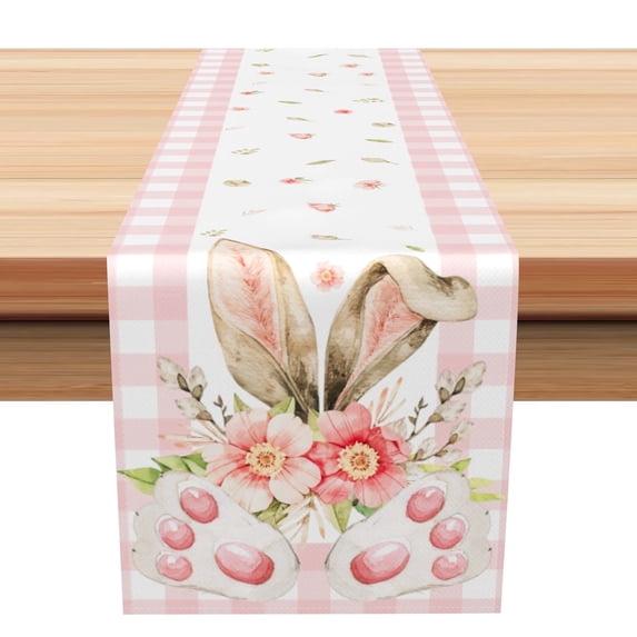 Easter Table Runner, Pink Buffalo Plaid Bunny Ears Flower Linen Table Runner,Kitchen Decor Dining Table Settings 13x72 Inch