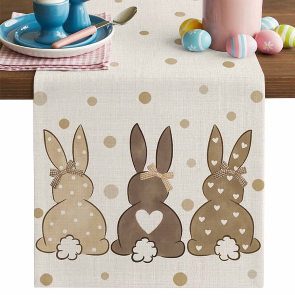 Easter Table Runner, Polka Dot Bunny Cotton Linen Kitchen Table Decoration Washable Dining Tabletop Runners for Home Party Decor 13x36 Inches