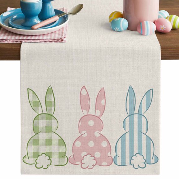 Easter Table Runner, Polka Dot Bunny Cotton Linen Kitchen Table Decoration Washable Dining Tabletop Runners for Home Party Decor 13x48 Inches