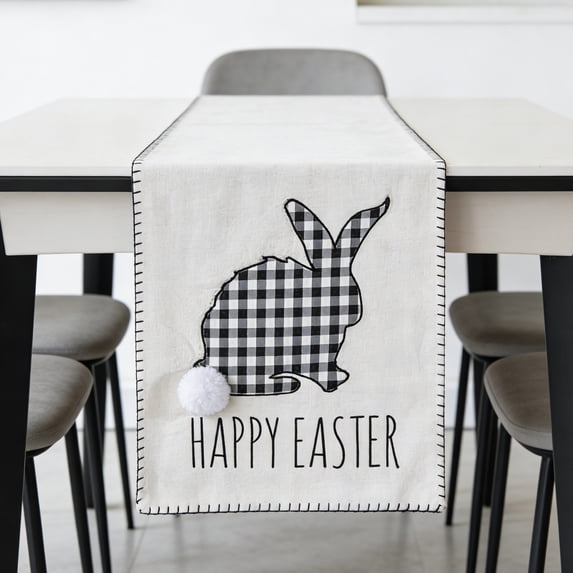 Easter Table Runner - Premium Double-Layer Cotton Linen Fabric, Hand Embroidered Bunny Design (Front) & Black White Plaid (Back) - Kitchen Dining Room Home Party Decoration