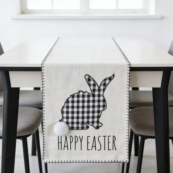 Easter Table Runner - Premium Double-Layer Cotton Linen Fabric, Hand Embroidered Bunny Design (Front) & Black White Plaid (Back) - Kitchen Dining Room Home Party Decoration
