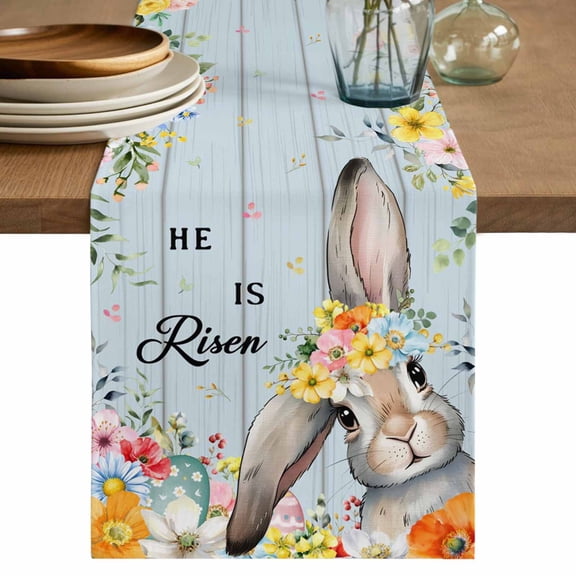 Easter Table Runner, Spring Farmhouse Bunny Flower Blue Wood Grain Washable Cotton Linen Table Runners 48 Inches Long, Dresser Scarf Runner for Nightstand/Coffee/End Tables 13''x48''