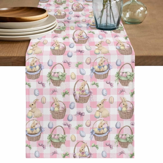 Easter Table Runner, Spring Rabbits Baskets Eggs Bows Pink Plaid Washable Cotton Linen Table Runners 120 Inches Long, Dresser Scarf Runner for Dining/Living Room/Kitchen/Square Tables 13''x120''