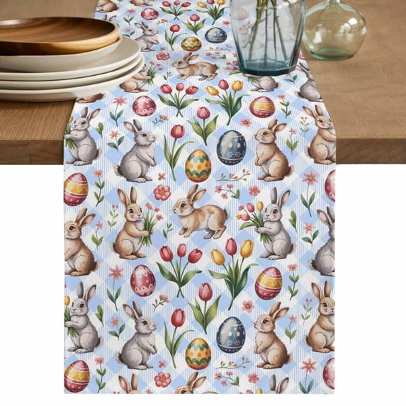 Easter Table Runner, Spring Rabbits Eggs Botanical Tulip Blue Plaid Washable Cotton Linen Table Runners 108 Inches Long, Dresser Scarf Runner for Dining/Living Room/Kitchen/Square Tables 13''x108''
