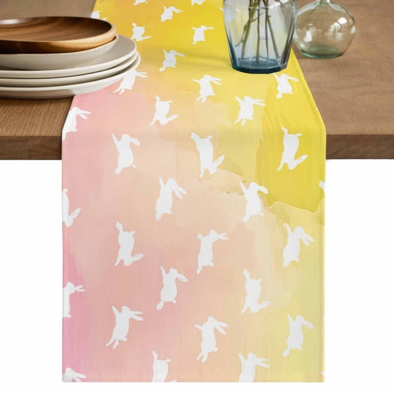 Easter Table Runner, Spring Rabbits Silhouette Rainbow Ombre Art Washable Cotton Linen Table Runners 36 Inches Long, Dresser Scarf Runner for Nightstand/End Tables/Round Tables 13''x36''