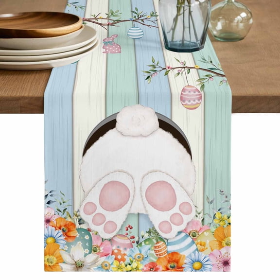 Easter Table Runner, Spring Watercolor Bunny Eggs Wood Grain Teal Blue Washable Cotton Linen Table Runners 36 Inches Long, Dresser Scarf Runner for Nightstand/End Tables/Round Tables 13''x36''
